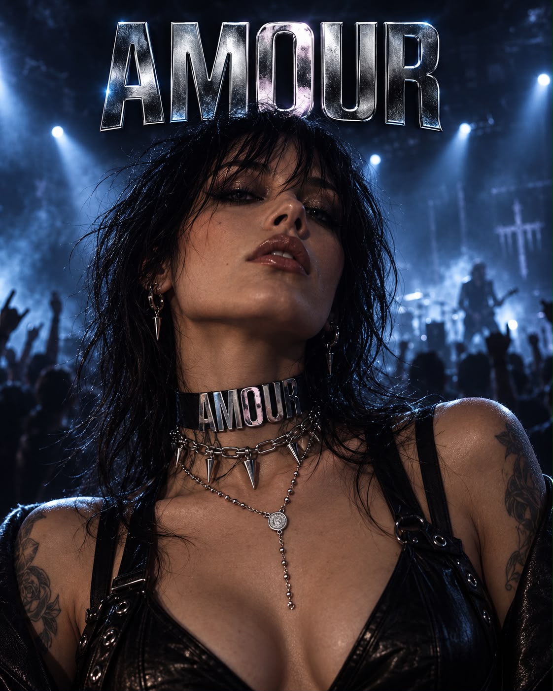 Key art for Call Me Amour's latest single, a moody portrait lit in cold blue stage light