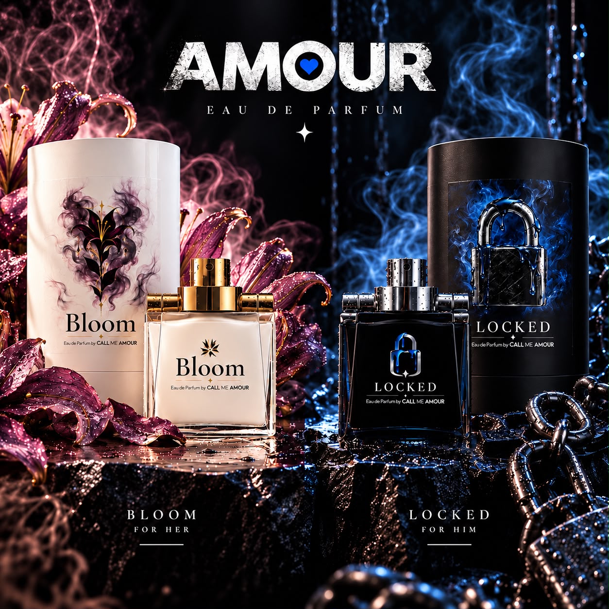 Amour Bloom and Locked Eau de Parfum bottles, official Call Me Amour merch