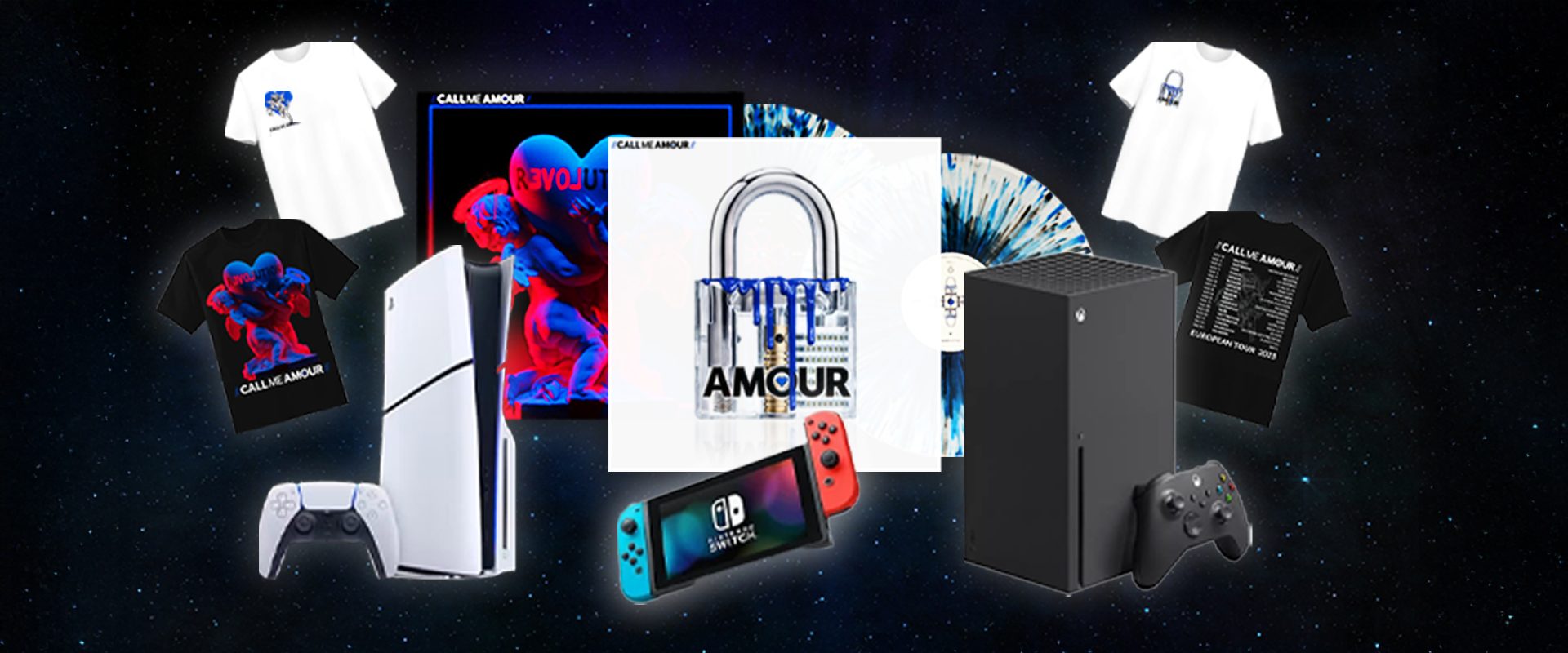 Call Me Amour merch and vinyl with a PlayStation, Xbox and Nintendo Switch, against a starry sky